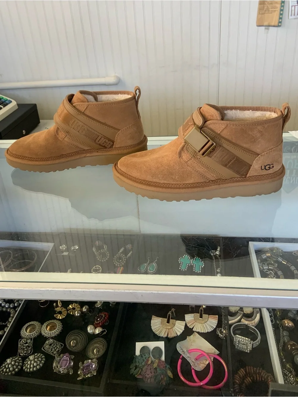 Discontinued UGG Chestnut Suede Ankle Booties with Strap